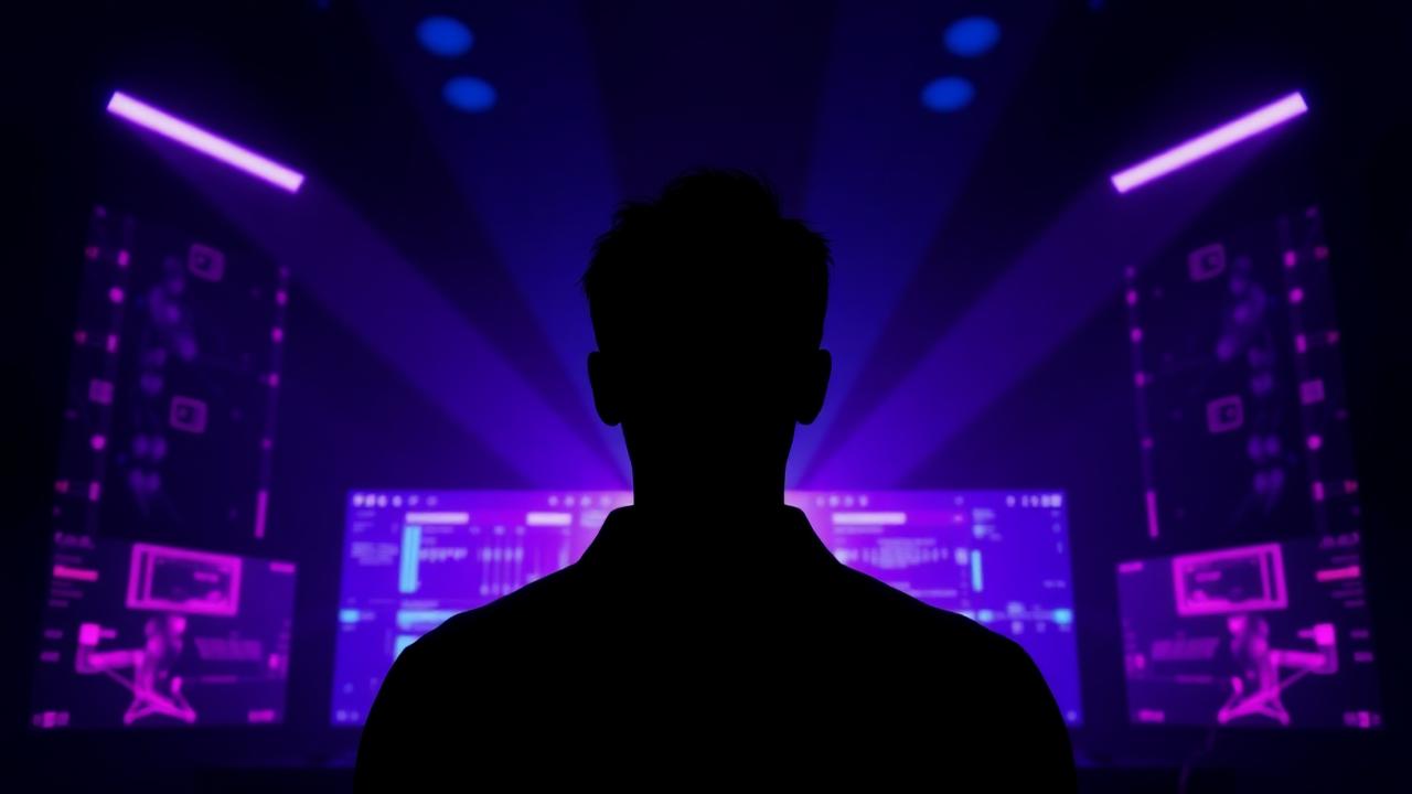 Abstract creator silhouette with glowing screens